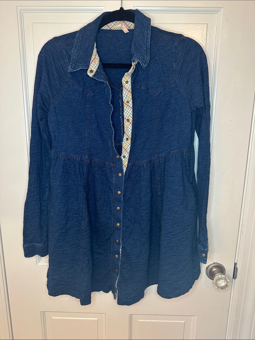 Free People Snap Front Denim Dress with Plaid accent size S EUC